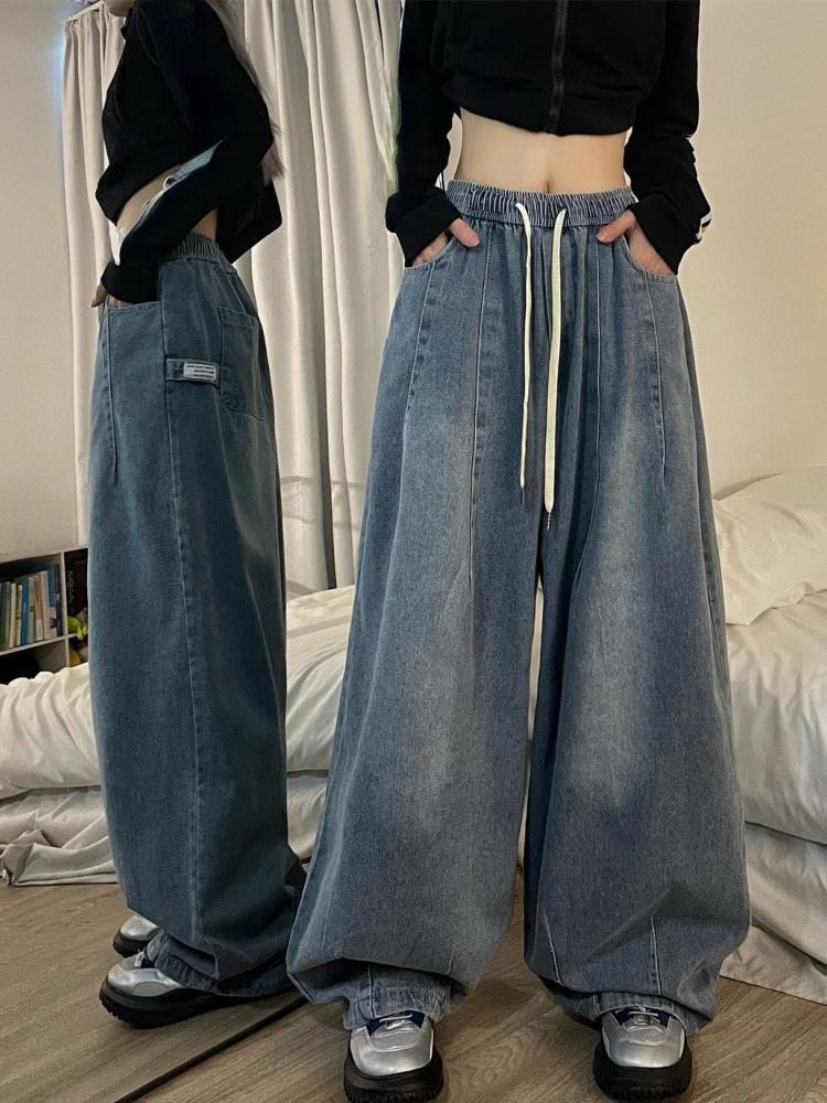 Jarní Vintage Baggy Jeans Elastický pas Ženy Oversized American Denim Široká noha Kalhoty Móda Streetwear Rovné Základní kalhoty Y2k