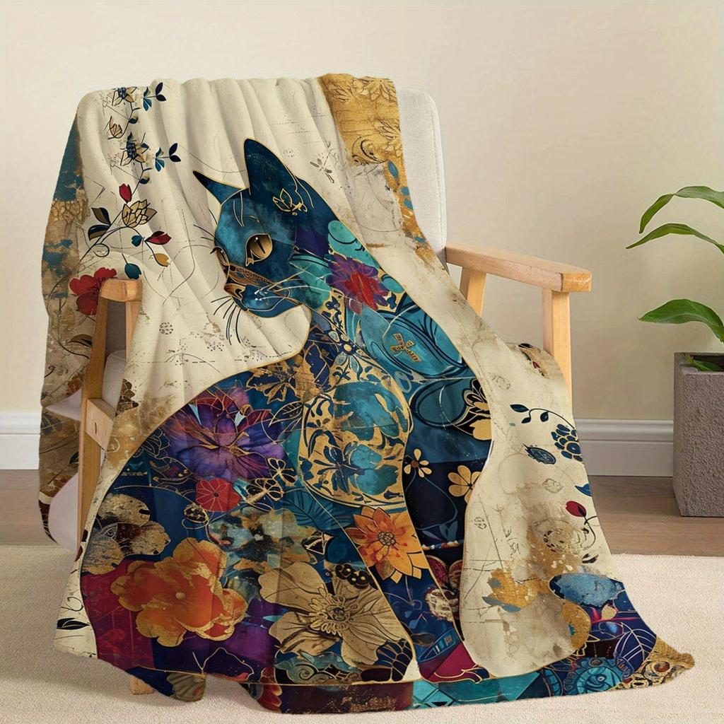Artistic Cat Blanket - Soft Cozy Throw with Vibrant Floral Design, Perfect for Home Decor, Unique Gift for Art Lovers