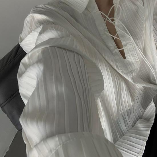 Men Shirt White Long Sleeve Lapel Lace-up Collar Pullover Tops Vertical Stripe Texture