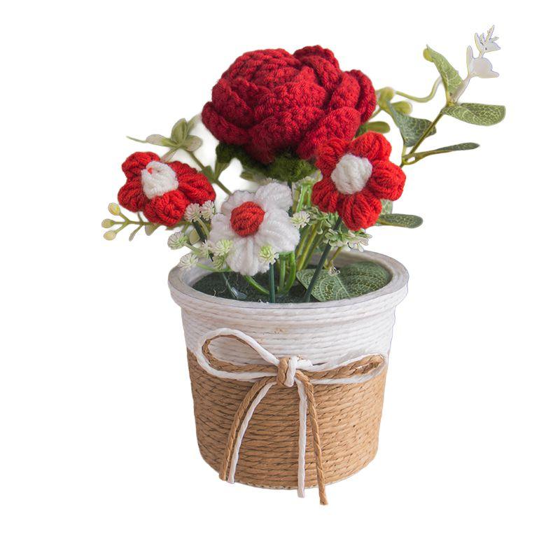 Hand Woven Potted Crochet Artificial Flower Desk Decoration
