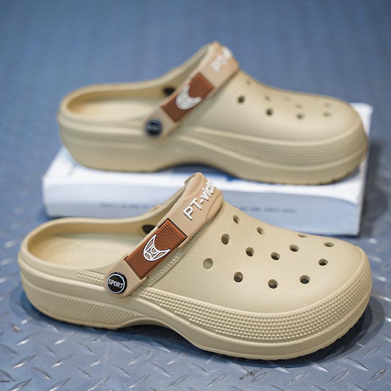 

New hole shoes men s casual and light outer wear beach sandals men s soft-soled breathable driving lazy bag head slippers 45 хаки