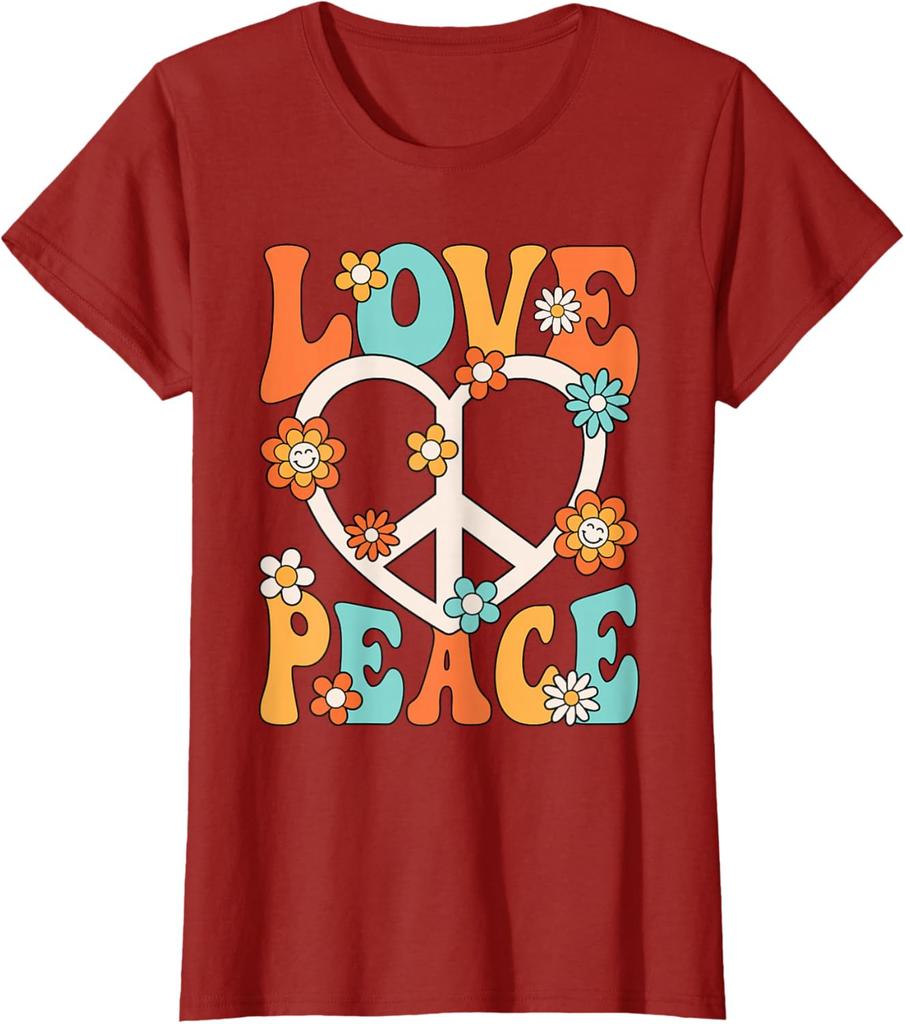 Love Peace Sign Groovy Hippie Graphic Tee Retro 70s Style Cotton T-Shirt for Women