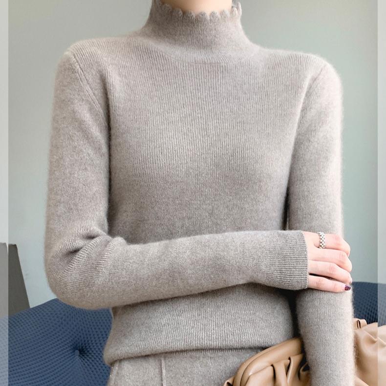 Lace Half High Neck Sweater Women's Black Fungus Edge Stand Up Collar Knitted Sweater Autumn and Winter High Neck Pullover Stylish Korean Style