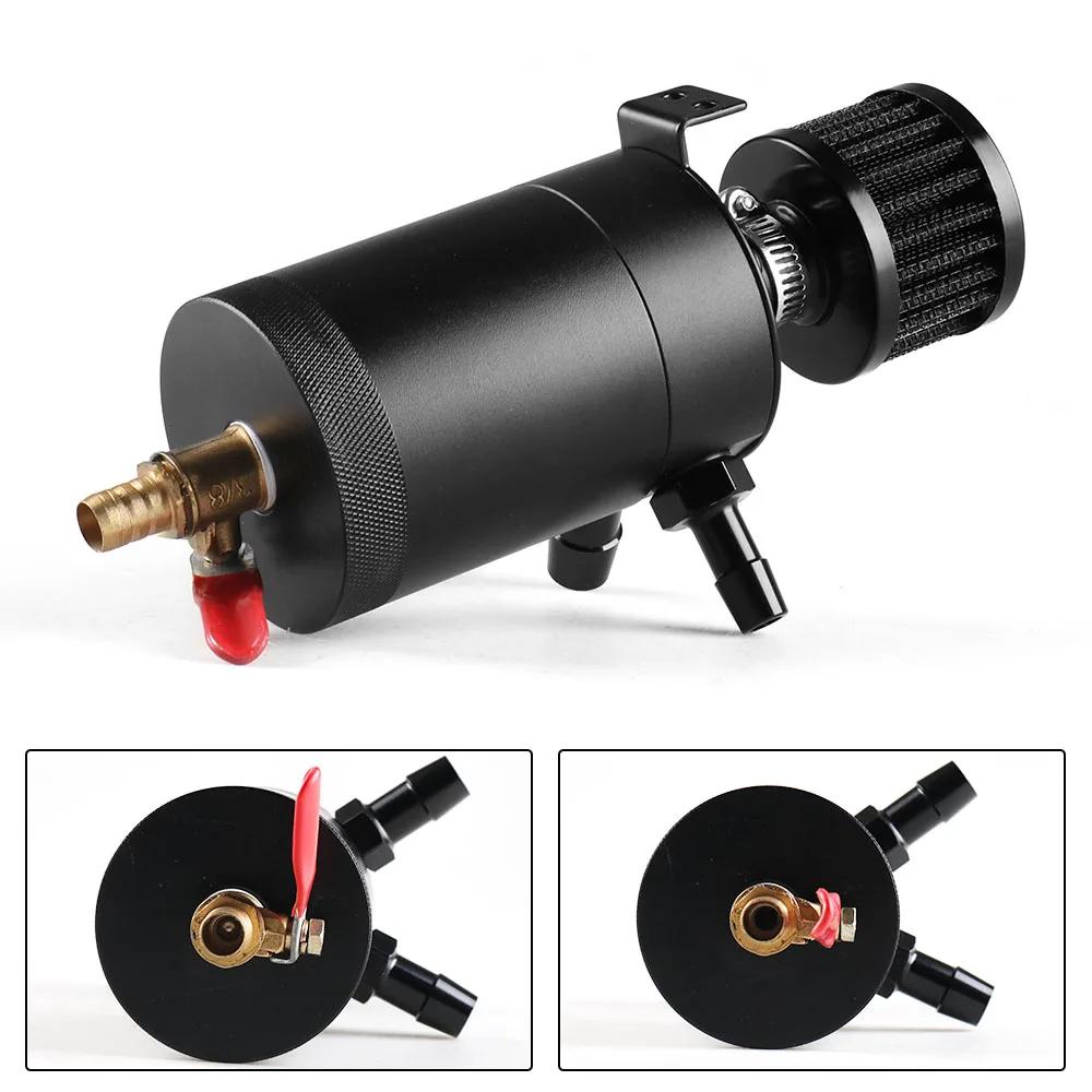 Aluminum Racing Baffled Oil Catch Can Tank 2-Port Reservoir with Drain Valve Breather Cylinder Filter Kit for GM OCC-1023A