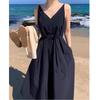 Korean chic summer French niche V-neck lace-up suspender dress women's waist thin beach skirt long skirt