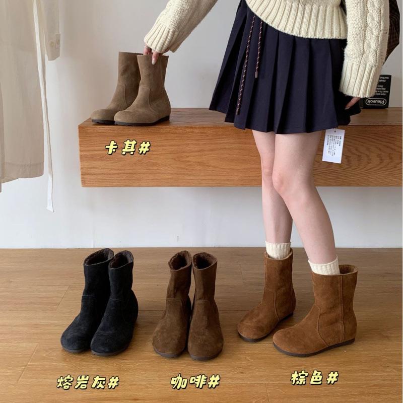 First Layer Cowhide Snow Boots Women's Round Head Flat Bottom Cashmere Blended Medium Boots Retro Matte Leather Sleeve Cotton Shoes