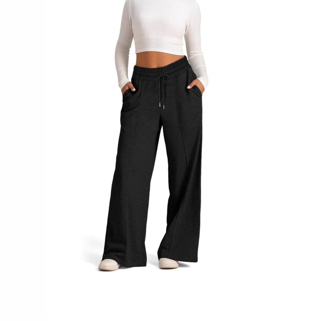 Women's Mid Rise Drawstring Wide Leg Pants Loose Fit Solid Color Casual Trousers