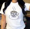 Women Rhinestone Coffee Cup T Shirt Glitter Coffee Lover Print Short Sleeve O Neck Casual Tops Black Streetwear Daily Wear