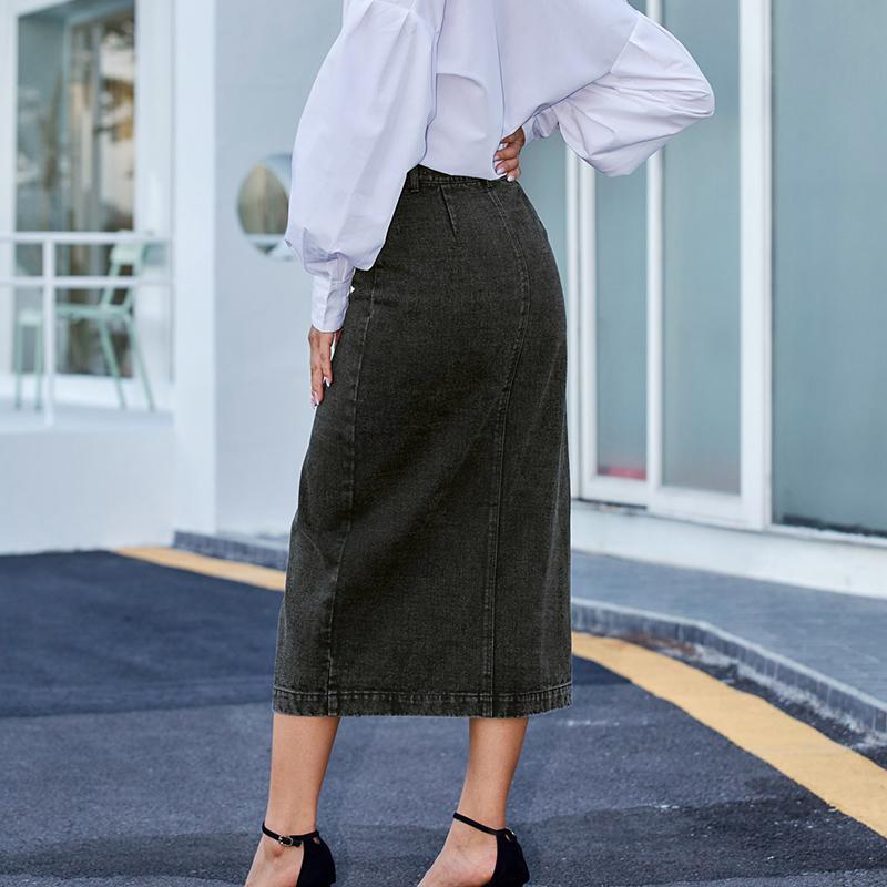Women High Waist Single- Breasted Package Hip Jean Denim Skirt