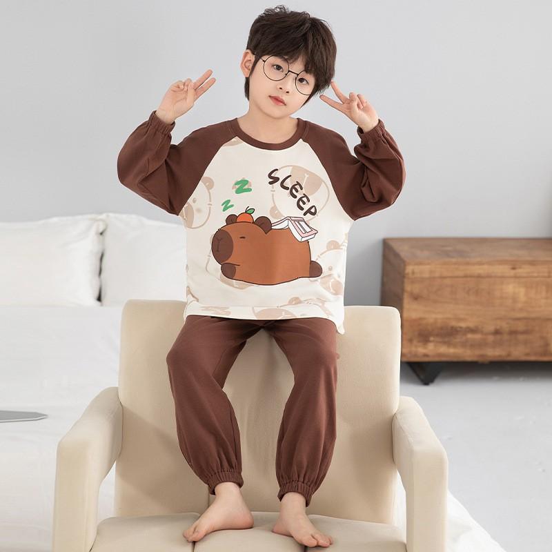 Boys Long Sleeve Cotton Pajamas Set Cartoon Print Sleepwear Kids Teens Home Outfit Fall