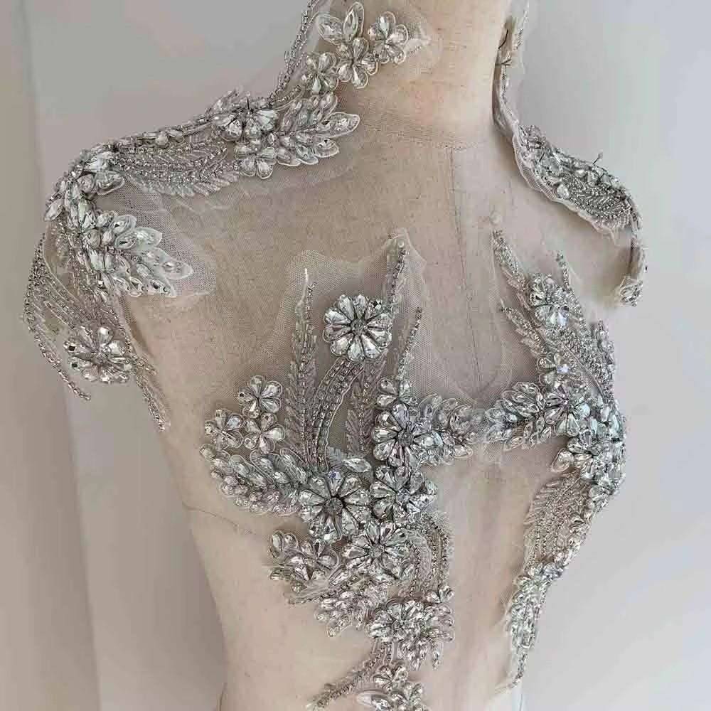 3D Blumige Strass-Applikation Perlenstickerei Zubehör Rose Fransen Miederbesatz Kristall Aufnähen Perlen Strass Rose Applikation