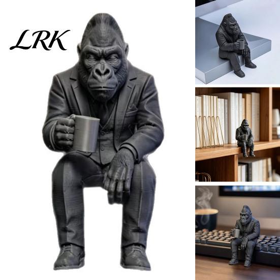 Cool Shelf Edge Ornaments 3D Printed Gorilla in Suit Ornament, Coffee Drinking Figurine, Creative Animal Decorative Figurines for Sculpture,