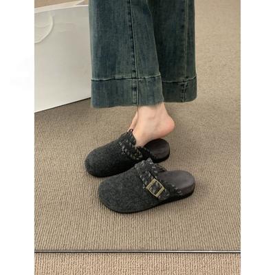 Korean Version of Retro Evening Wind Bag Head Half Slippers Wearing a Pedal Thick-soled Gray Felt Birkenstocks