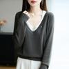Women S V Neck Fake Two Piece Knit Sweater Long Sleeve Casual Top