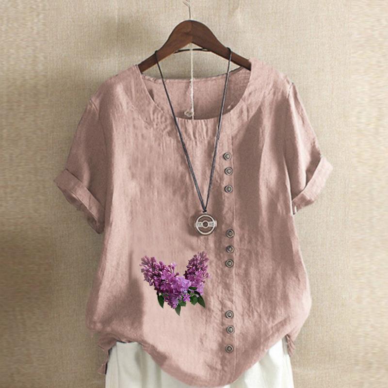 Women's Fashion Round Neck Short Sleeve T-shirt Casual Cotton Linen Graphic Shirt Leisure Loose Lavender Prined Summer Blouse Tops