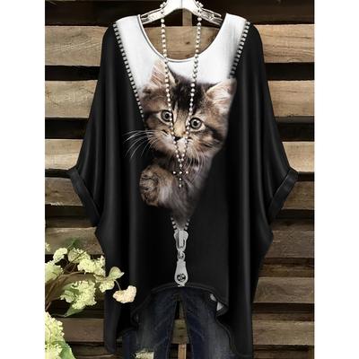Women's T-Shirt Fashion Black Cat Print Casual Loose Round Neck Short Sleeve Tees Tops Summer Street Comfortable Woman Clothing