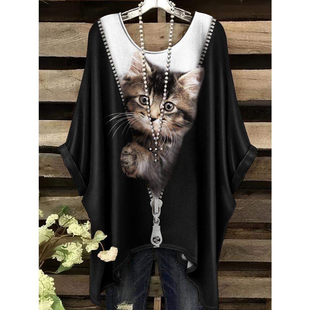 

Женская футболка Мода Принт черного кота Повседневная Свободная Круглый вырез Короткий рукав Футболки Топы Летняя Уличная Удобная Женская одежда S