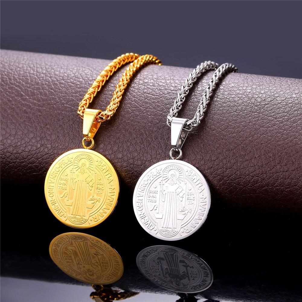 Collar Medalla De San Benito En Acero Inoxidable Dorado - Regalo Para Hombres, Protección