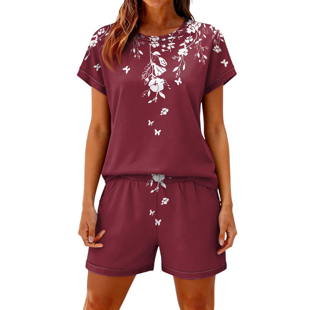 Women's Casual And Comfortable Floral-Print Short-Sleeve Set With Pockets