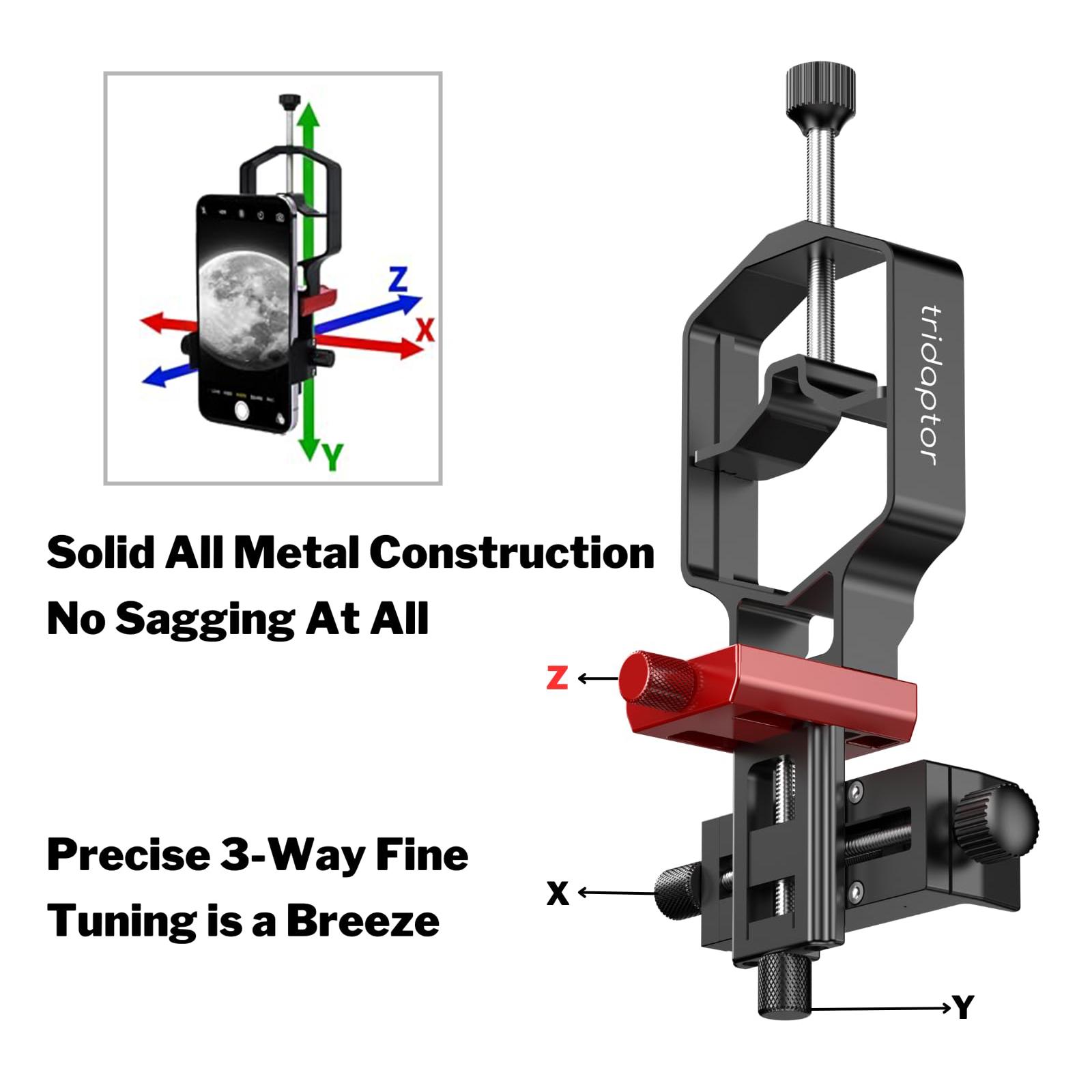 tridaptor XYZ-001 Universal Phone Scope Digiscoping Adapter 3-Axis Metal Phone Holder Mount for Max. 2.4In Eyepiece Telescope nero