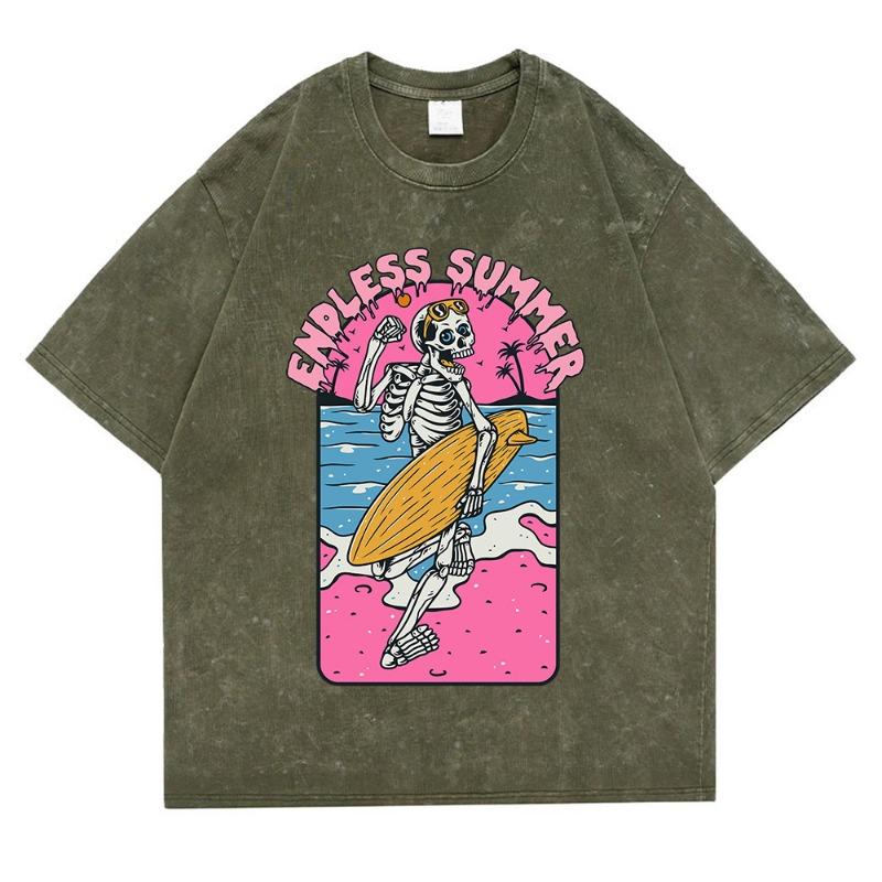 Endless Summer Skeleton Surfing Washed Retro Snow Clothing Men T-Shirt Summer Cotton