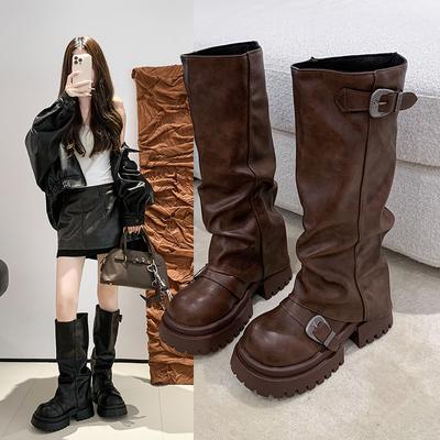 Aber Damen Kniehohe Stiefel 2025 dicksohlige erhöhende Westernstiefel großer Kopf Hosenstiefel gestapelte Ritterstiefel hohe Martinstiefel