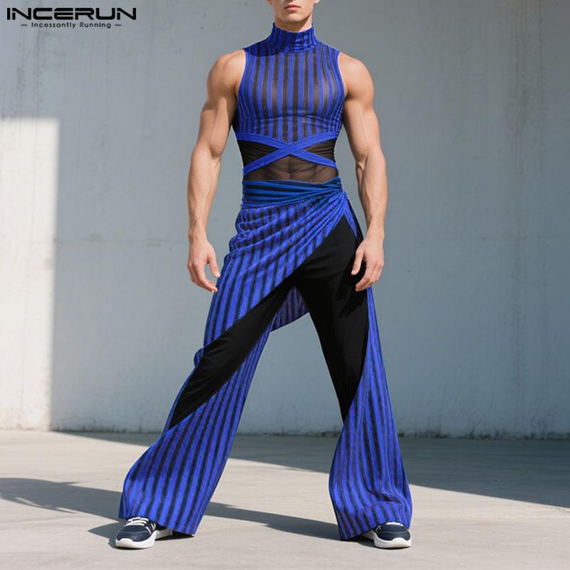 INCERUN 2PCS Men Sleeveless Striped Mesh Sheer Tank Tops Elastic Waist Layers Pants Sets