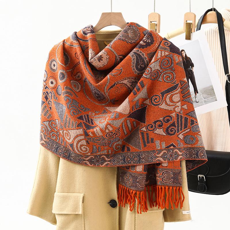 Jacquard Scarf Shawl with Decorative Imitation Cashmere Scarf for Women Winter High End New Style Thickened Ethnic Style Shawl