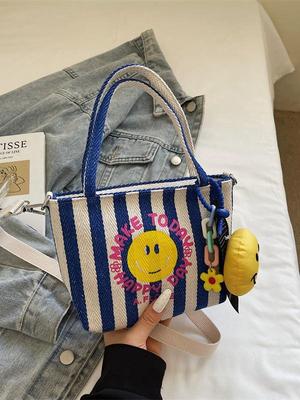 Καμβάς Τσάντα Tote με Κορεάτικο Χαμογελαστό Πρόσωπο: 2025 Τσάντα Ώμου & Χιαστί Ριγέ Colorblock