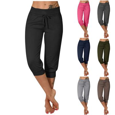 Damenmode, lässig, einfarbig, elastische Taille, Kordelzug, Spitze, abgeschnittene Hose
