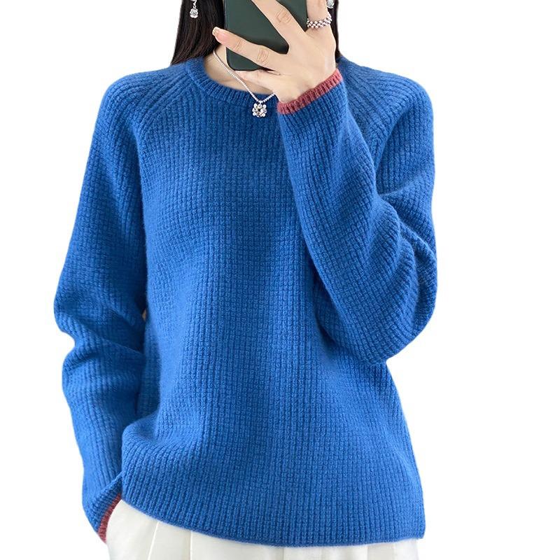 Women's Slim-Fit Color-Block Waffle Knit Wool Sweater - Stylish, Age-Reducing, Thickened Round Neck Base Layer Sweater, New Arrival