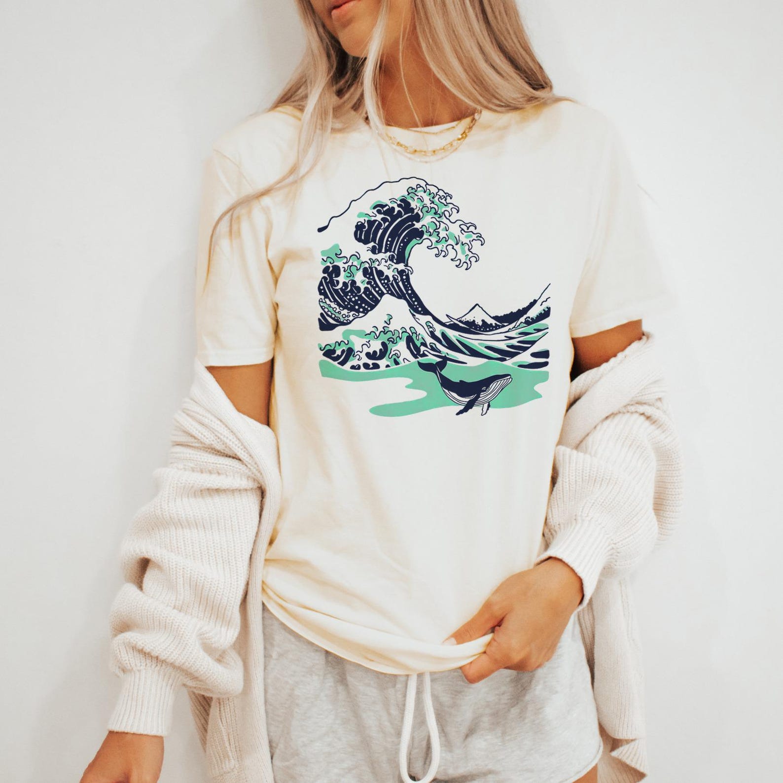 Minimalist Wave and Whale Graphic Tee Ocean Art Design Natural 110