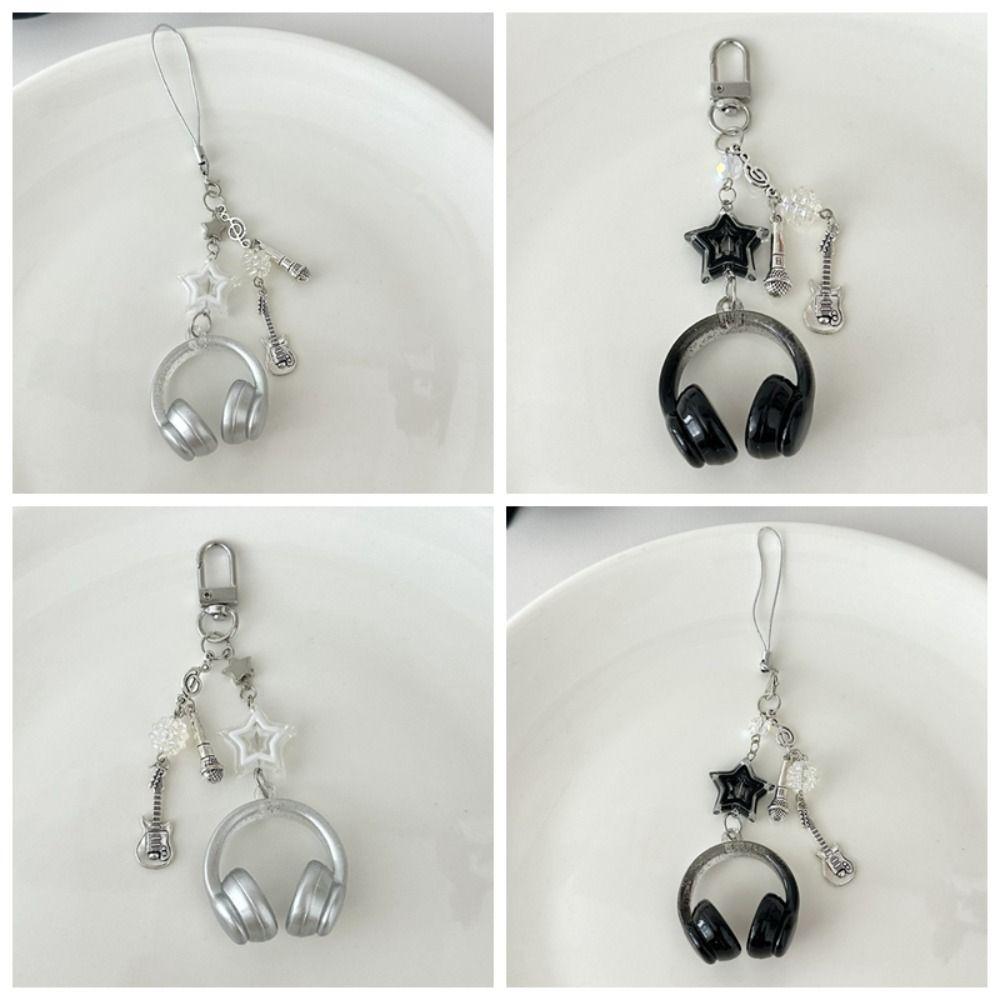 Phone Chain Earphone-shaped Keychain Glitter Microphone Pendant Cool Y2K Guita Pendant  Bag Hanging