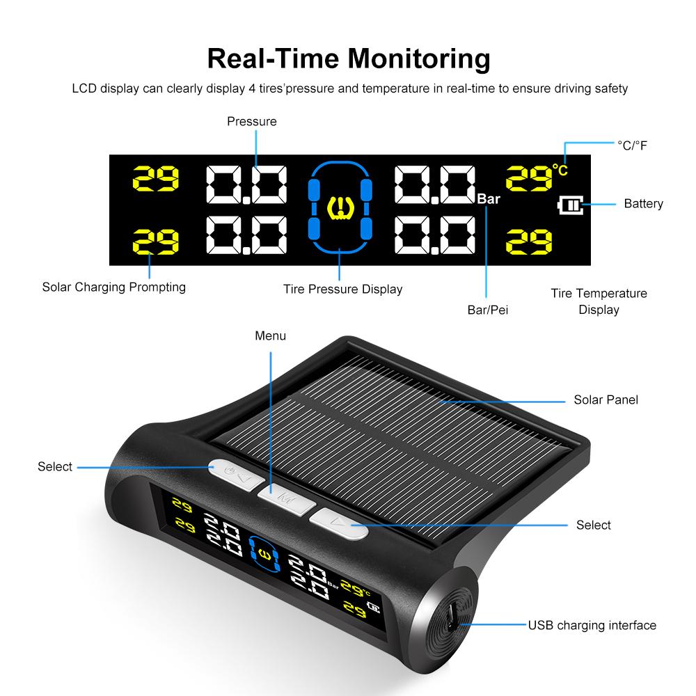 Universal All-Weather Solar/USB TPMS IPX7 Waterproof Tire Pressure Monitor System with Multi-Vehicle Support