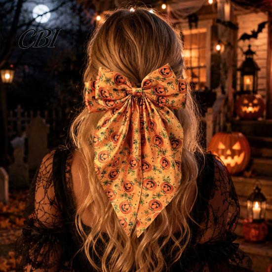 Stylish Halloween Hair Ornaments Large Bows for Women Girls, Vintage Ribbon Barrette Clips with Long Cute Retro Tails, Ghost/Pumpkin/Blood Mouth Print