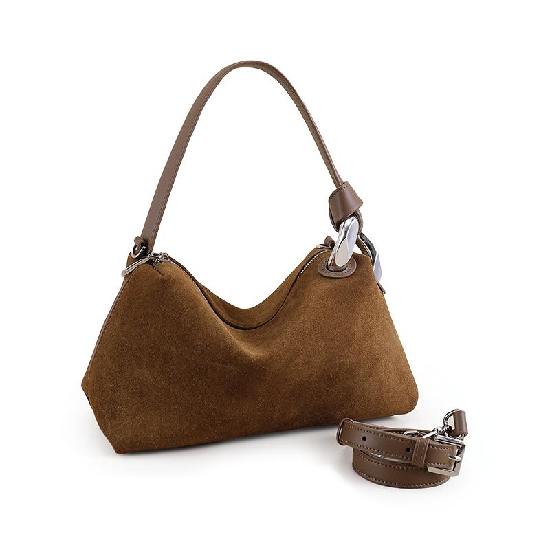Women's Suede Hobo Bag – Brown Soft Leather Shoulder Bag with Metal Ring Detail, Fashionable and Comfortable Tote for Everyday Use