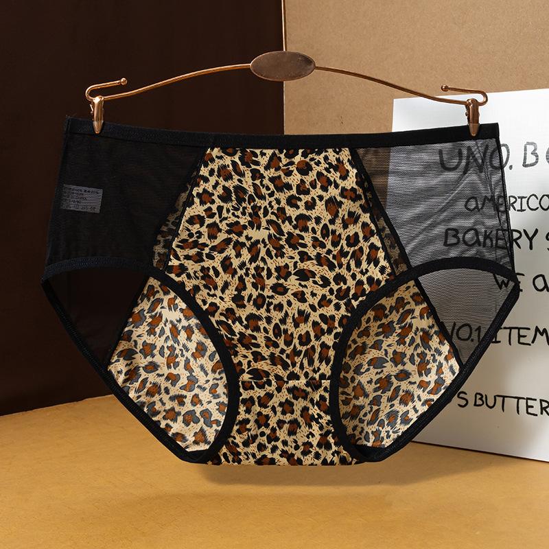 Women Spring and Summer New Sexy Mesh Leopard Print Breathable Mid Waist Briefs