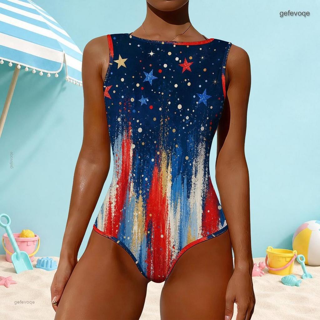 Women Plus Size High Round Neck Sleeveless Star Printed One Piece Swimsuit Red Blue White