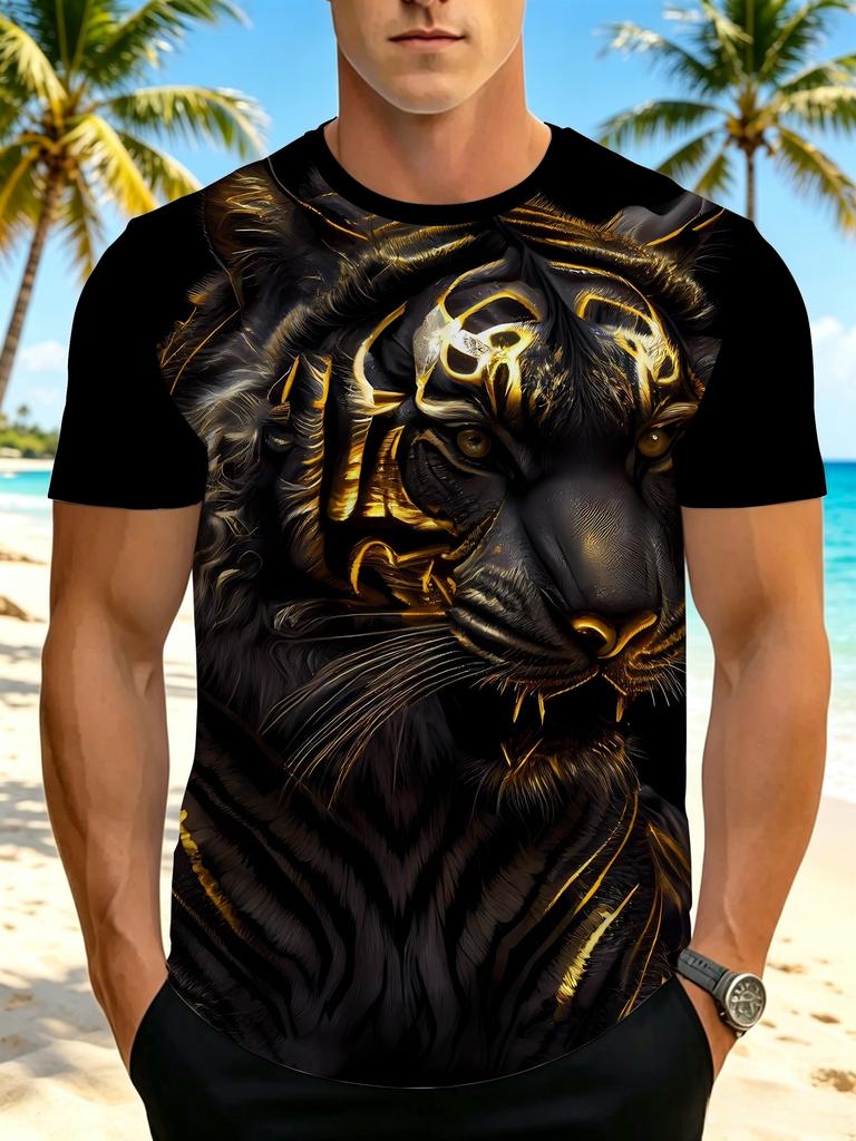 Men'S Digital Print T-Shirt, Men'S Casual Athletic Tee, Black And Golden Fierce Tiger Full Print Short Sleeve, Casual Versatile Trendy Men'S Round