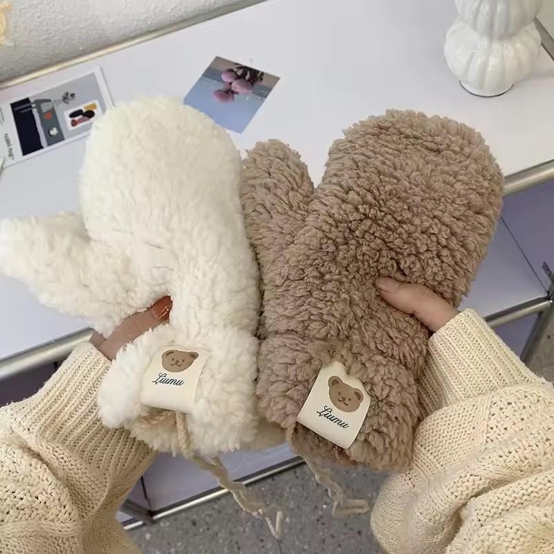 Kawaii Gants Chauds en Peluche Doux Hiver Épais Sans Doigts Coréens Japonais Gants Ours avec Cordons Mitaines Décontractées d'Extérieur pour l'Équitation Chaud