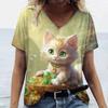 Summer Fashion Cartoon Cat Print 3D Personality Printed T-shirt Women's Loose Comfortable Soft Breathable V-neck Short Sleeved T-shirt