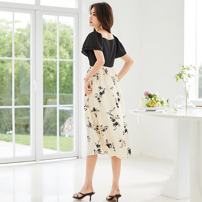 VICTORIA&VERA Floral Print Puff Sleeve Faux Two-Piece A-Line Mid-Length Dress