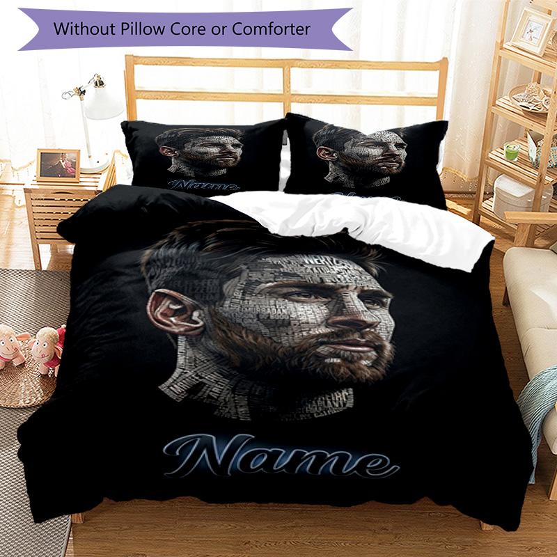 Messi Soccer Star Signature Portrait Personalized Name Bedding Set,Cozy Bed Linen for Teen Boys Bedroom Decoration,Perfect Birthday Gift,Washable Duve