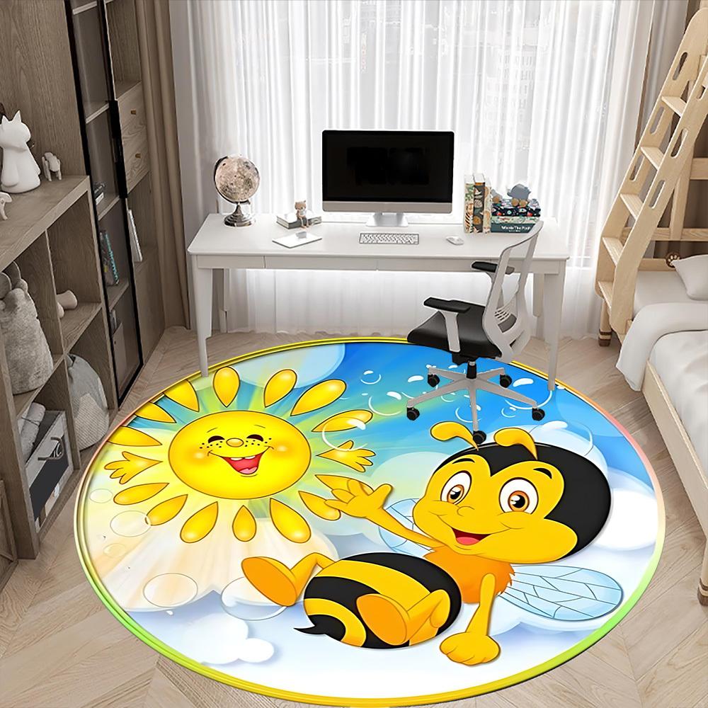 1pc Happy Bee Chair Carpet for Office, Round Polyester Mat, Indoor Decor for Office, Easycare Fabric, Washable Non-slip Area Carpet
