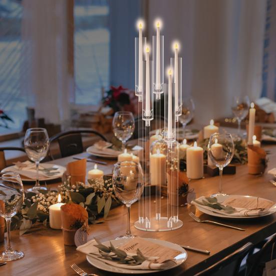 Candelabra Centerpieces, Tall Candelabra, Clear Candle Taper Candlestick Holder, 5 Arm Candlesticks Holder with Acrylic Shade, LED Candle for Wedding