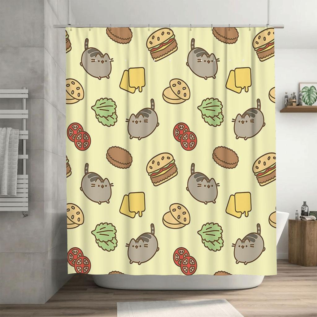 Adorable  Cat Burger Shower Curtain Waterproof Decor Kids Adults Easy Clean Home Travel Suitable for Wet and Dry Separation