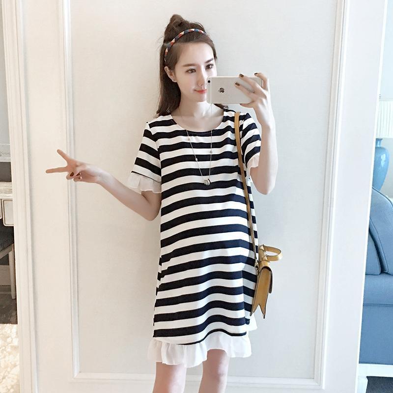 Maternity A-Line Striped Summer Dress: Loose, Short-Sleeved, Mid-Length, Plus Size