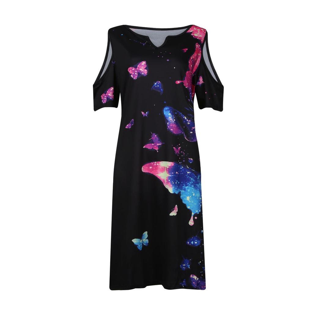 Women's Fashion Mid-waist V-neck Off-the-shoulder Printed Butterfly Temperament Mid-length Round Hem Dress