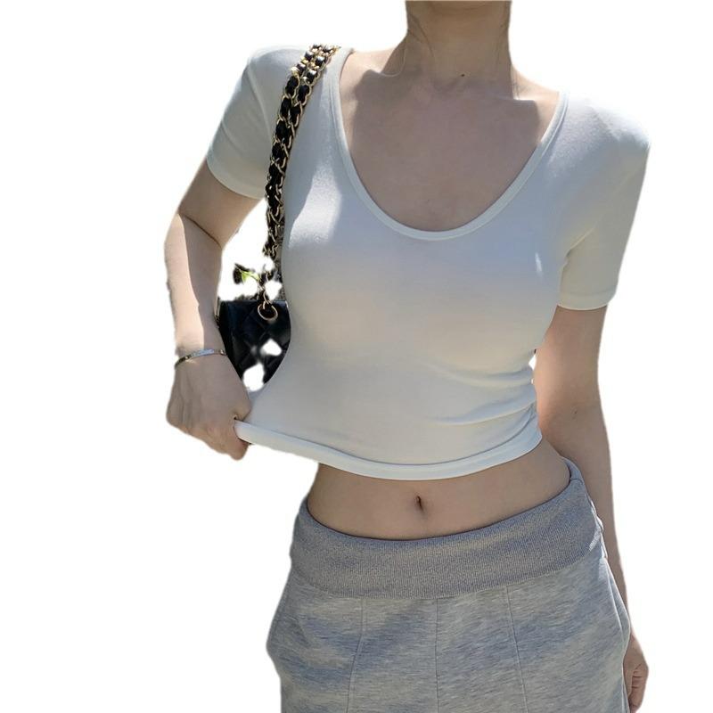 Front Shoulder V-neck Slim-fitting and Thin Short-sleeved T-shirt Design Sense Sweet and Spicy Fashion Versatile Chic Niche Ins Short Top