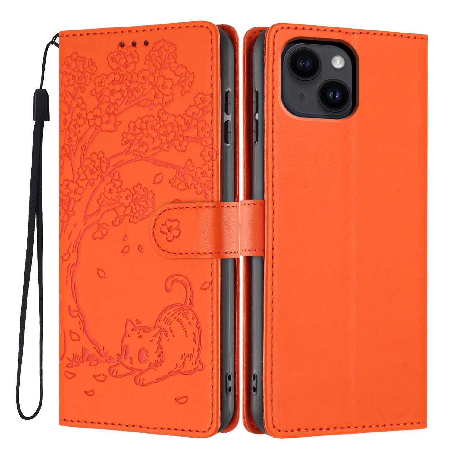 

For iPhone 15 Stand Case Tree-and-Cat Pattern PU Leather Wallet Protective Phone Cover with Wrist Strap